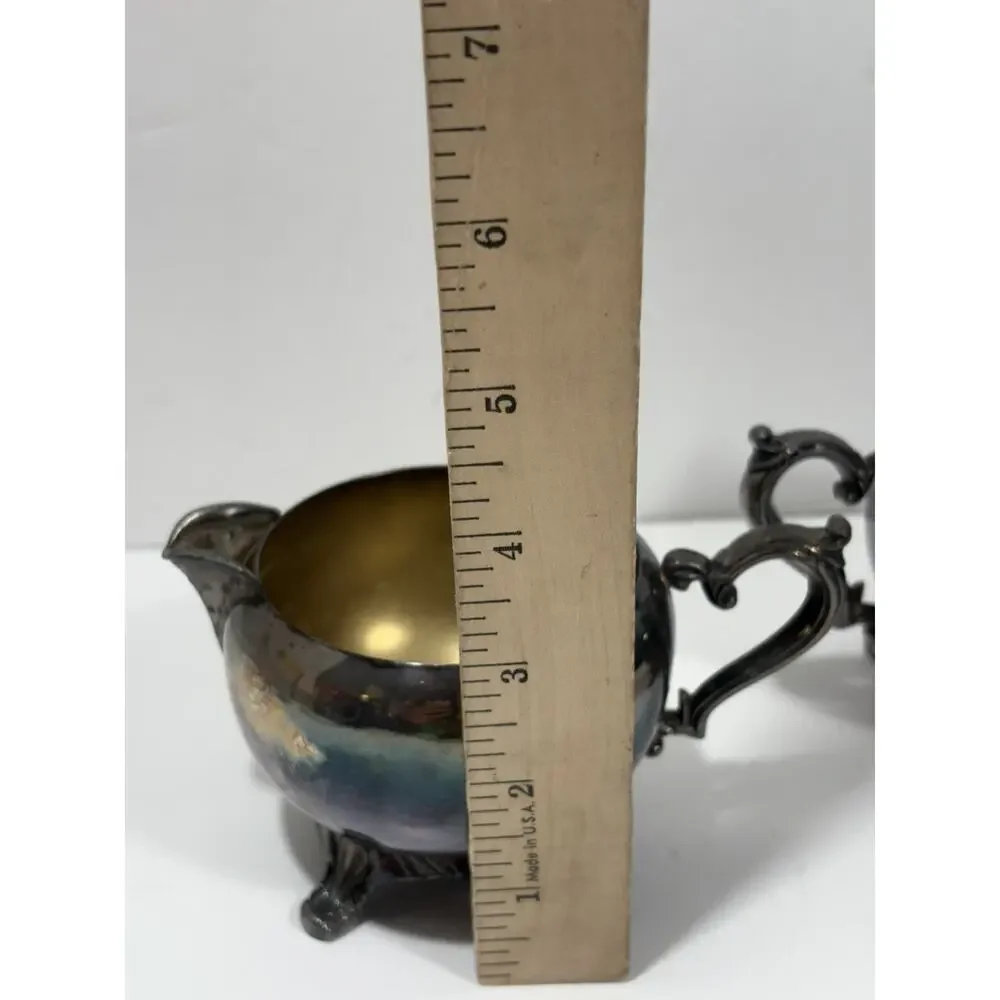 Vintage MCM Silver Plated Creamer and Lidded Sugar Set Inner Pearled Silverplate